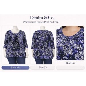 Denim & Co Womens 3X Paisley Print Knit Top 3/4 Sleeve Blue Iris Purple A238343